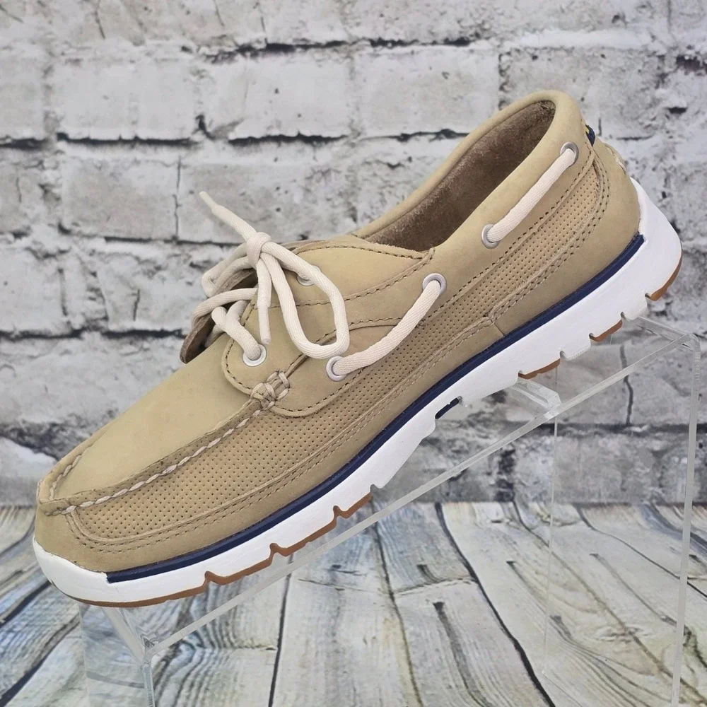 LL Bean Portlander Boat Shoes Womens 8 Medium Tan Leather Nautical Flag 293451